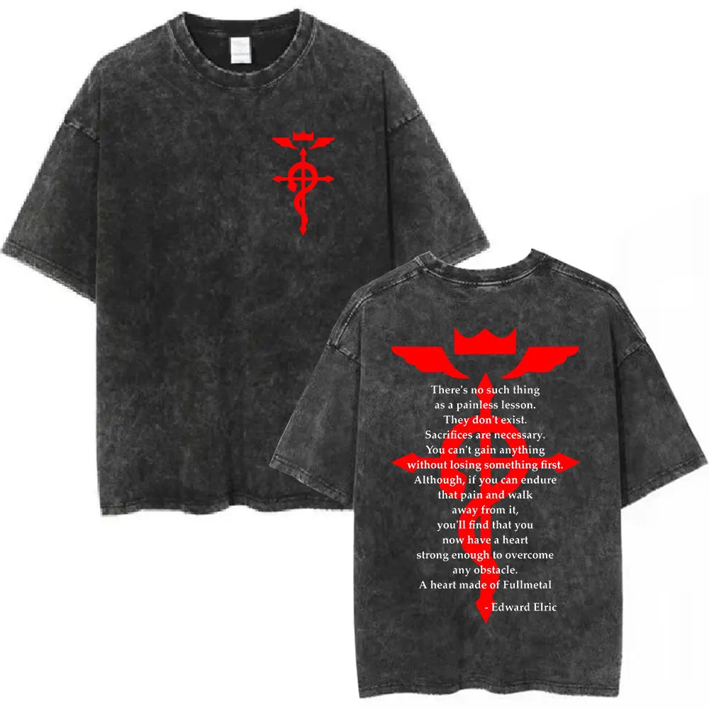Anime Fullmetal Alchemist Washed T Shirts Edward Elric Alphonse Elric T-Shirt Men's Women Fashion Casual Oversized T-shirts Tops