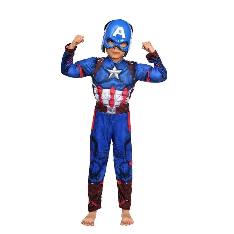 Kid Boys Captain America Muscle Costume Superhero Cosplay Jumpsuit Halloween Carnival Party Birthday Dress Up Role Play Costume