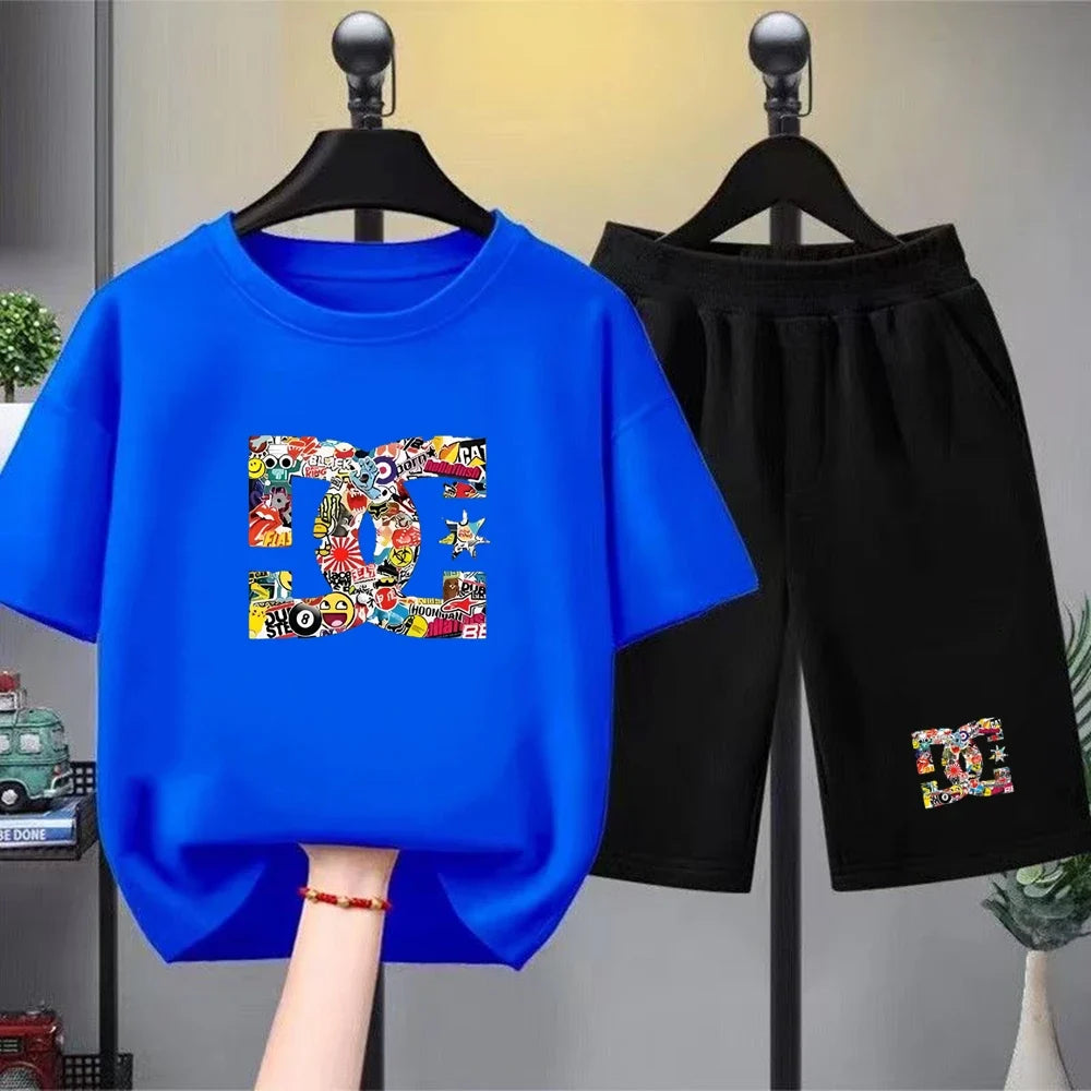 Kids Summer T-Shirt Sets Girls White Boy Black Red Casual T-Shirt+Shorts Printed Kids Outfits Teen Children's Loose Short Sleeve