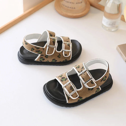 Kids Leopard Camo Double Buckle Roman Sandals, Thick Non-Slip Soft Elastic Rubber Sole Lightweight Children's Shoes,