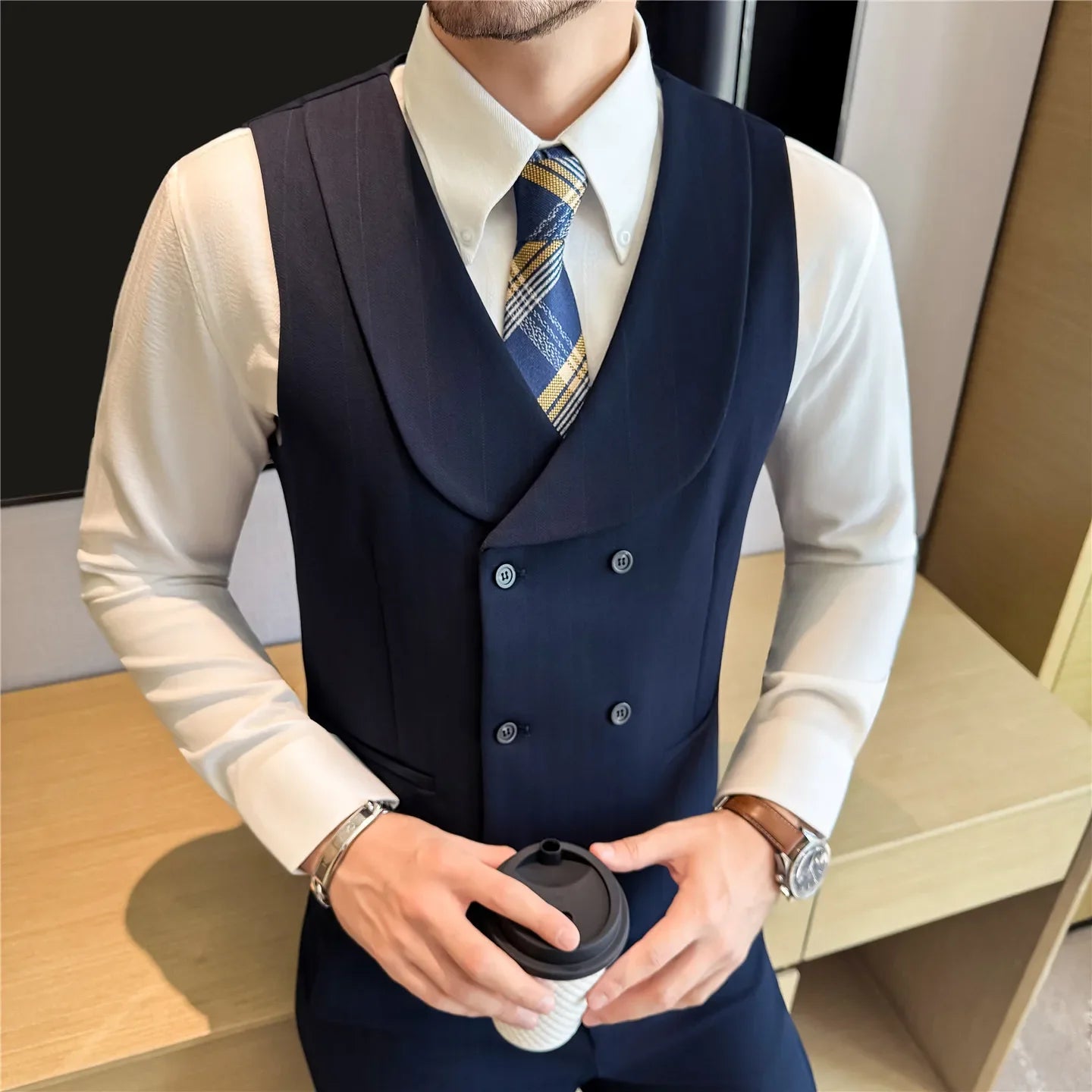 ( Vest+Pants) Autumn Winter Thicken Wool Striped Suit Vest 2 pieces Men Fashion Slim Fit Business Casual Wedding Dress Vest Sets