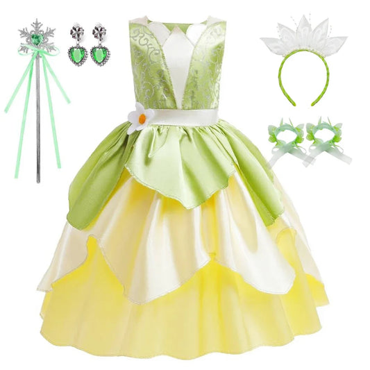 Tiana Costume Girl Dress Up Princess Girls Cosplay Role Playing Party Costumes Children Sleeveless Carnival Princess Dresses