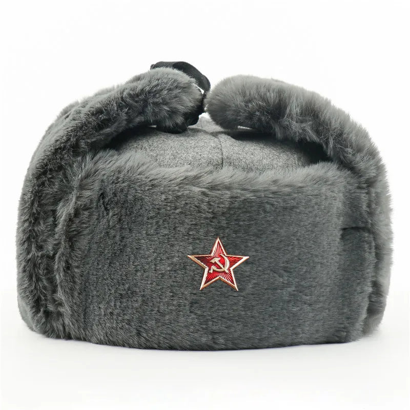 Soviet Badge Ushanka Men Winter Bomber Hats CCCP Pilot Faux Rabbit Fur Earflap Army Trapper Trooper Hat Russia Snow Cap