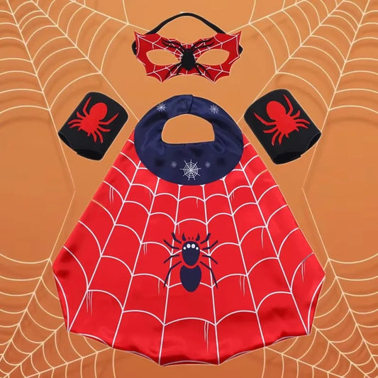 Cartoon Superhero Costume Set for Boys Girls Halloween Dress Spider Cape and Mask with Wristband Cosplay Costume