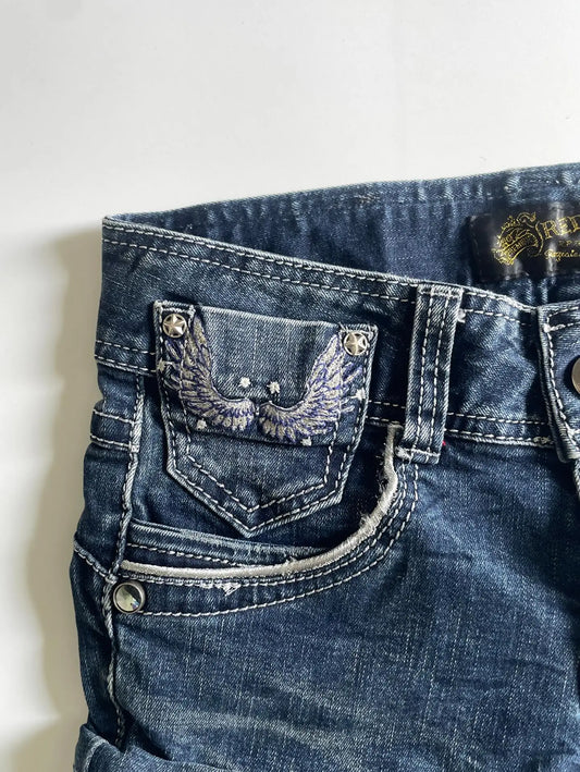 Y2K Japan Street Hottie Wing embroidery vintage Denim Shorts Harajuku Slim Skirt Light Blue Jean Low Waist Short Mini Skirt