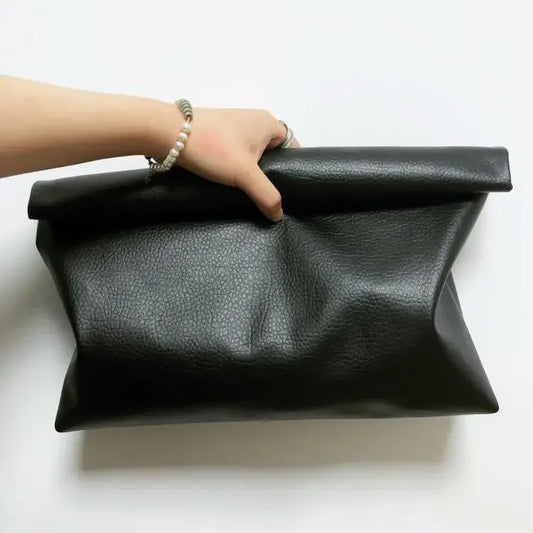 Simple Black Dull Handbag Rolled Edges Large Capacity Soft Texture Women's Casual Clutch Bag Vintage Artistic Style