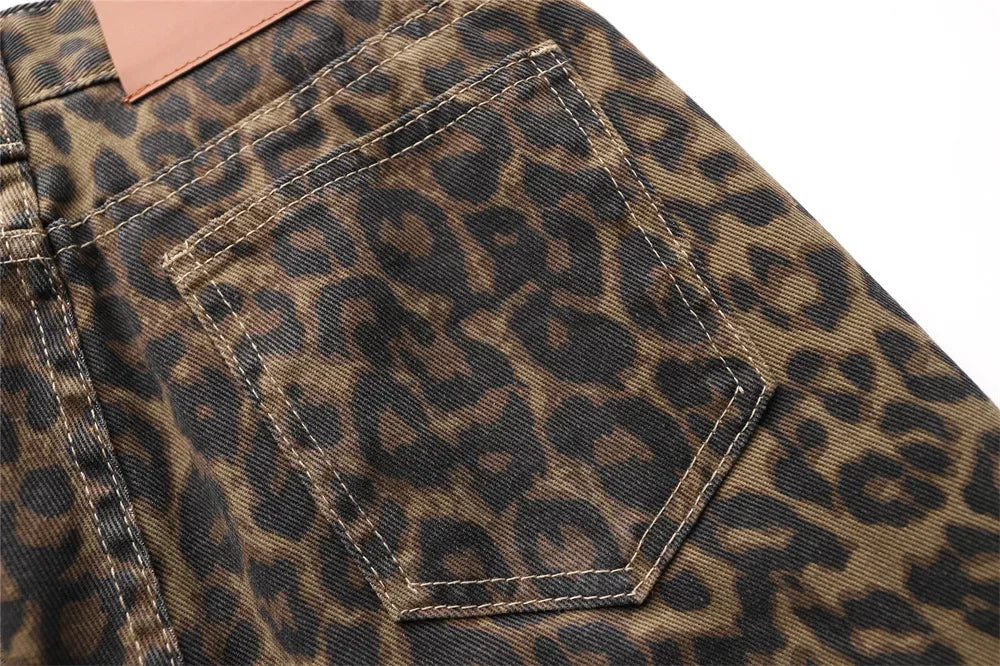 High Waisted Leopard Print Jeans for Women Y2k Retro Streetwear Denim Pants Hip Hop Straight Wide Leg Baggy Jeans