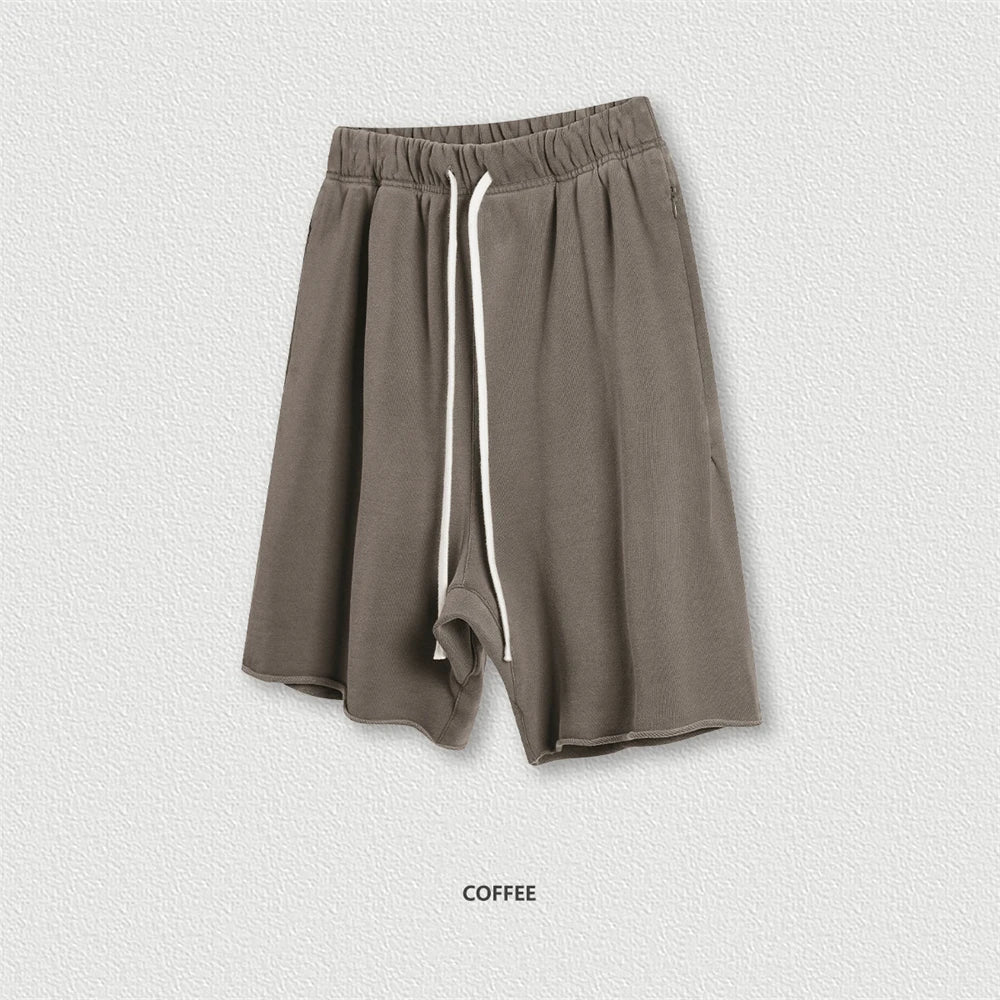 New Summer Men Retro Washed Shorts Unisex Drawstring Loose Edge 420gsm Solid Knee Length Cotton Pants Streetwears HY0589