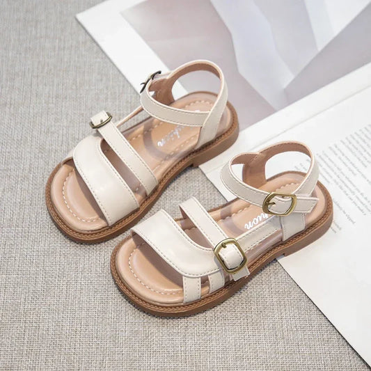 Girls Roman Sandals Open Toe Little Kids Leather Sandals with Buckle Open Toe Children Summer Beach Shoes Non-Slip Soft Sole