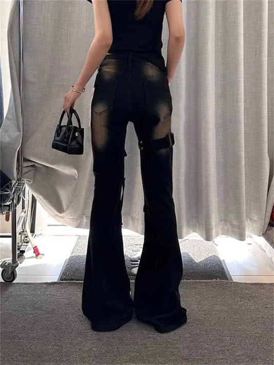 2025 Autumn Winter Women's Denim Pants High Waist Cargo Jean Goblin Core Kpop Bell Bottom Japanese Y2k Stretch 2000s Jeans Gyaru