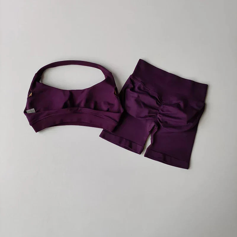 Sexy Halter Neck Beautiful Back High Waist Peach Sports Bras Shorts Suit Pilates Gathering Yoga Vest Training Fitness Bra Sets