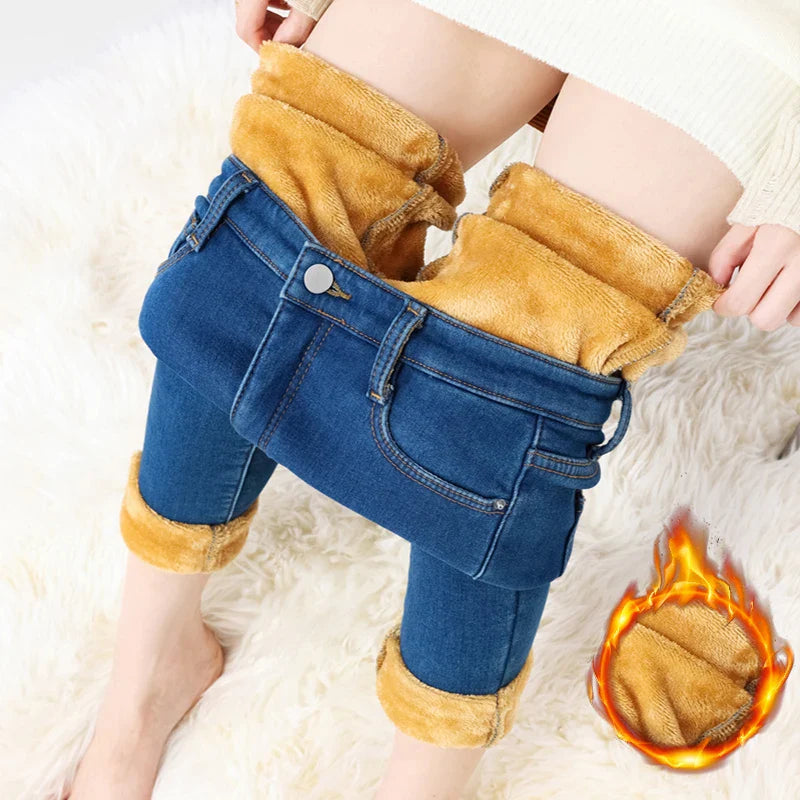 Women's Fleece Warm Winter Jeans Thicken Elastic Skinny Pencil Pants Fashion Korean Slim Plush Thermal Leggings Trousers