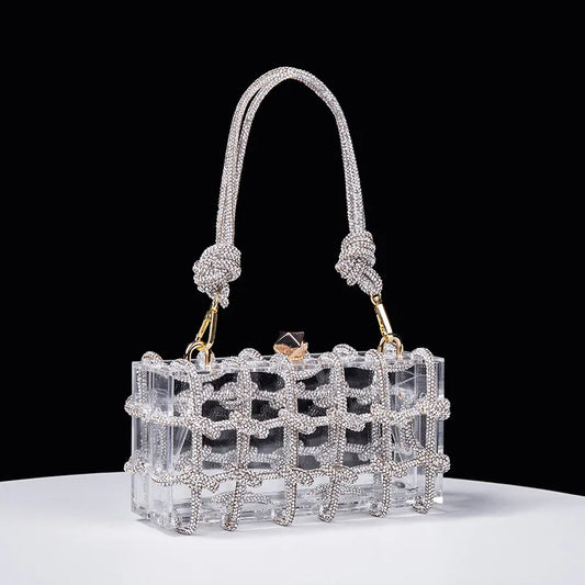 New Diamond Clear Acrylic Box Evening Clutch Bags Women Boutique Woven Knotted Rope Rhinestone Purses And Handbags Wedding Party