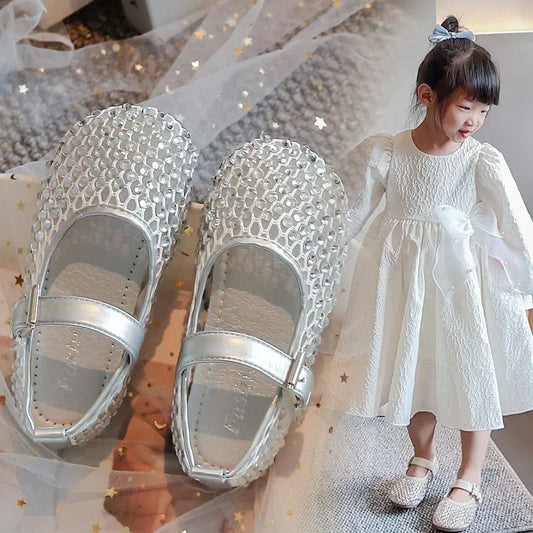 Girls Flat Shoes Sparkling Hollowed-Out Princess Shoes for Kids 2025 Summer New Sandals Mesh Hook&loop Toddlers Breathable Ins