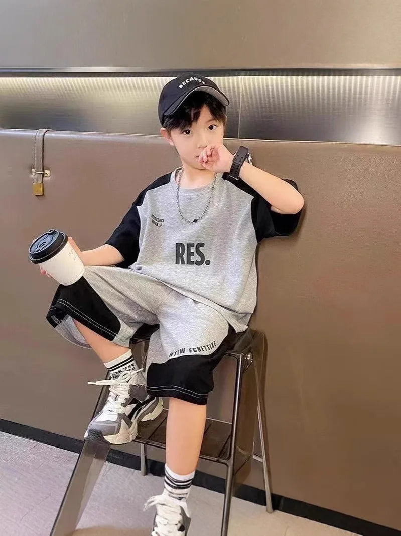 Summer Boys Cotton Leisure Contrast Alphabet T-Shirt+Shorts Pant Set School Kid 2PCS Tracksuit Children Sportswear Outfit 5-16Yr