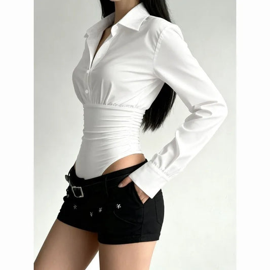 Summer Fashion New Design Sense High-end Spicy Girl Three-dimensional Top Simple Slim Fit Versatile Long Sleeved Jumpsuit Shirt
