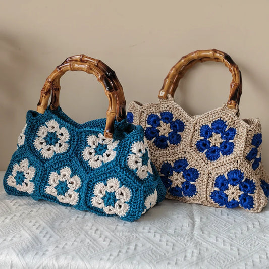 Handmade Crochet Granny Square Tote Bag with Bamboo-Style Handle, Vintage Woven Flower Pattern Shoulder Purse for Women