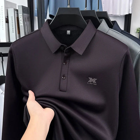 2025 Winter Men's Fashion New Collection with Velvet Long Sleeve T-shirt, Collar with Mulberry Silk and Wool Warmth POLO Sweater