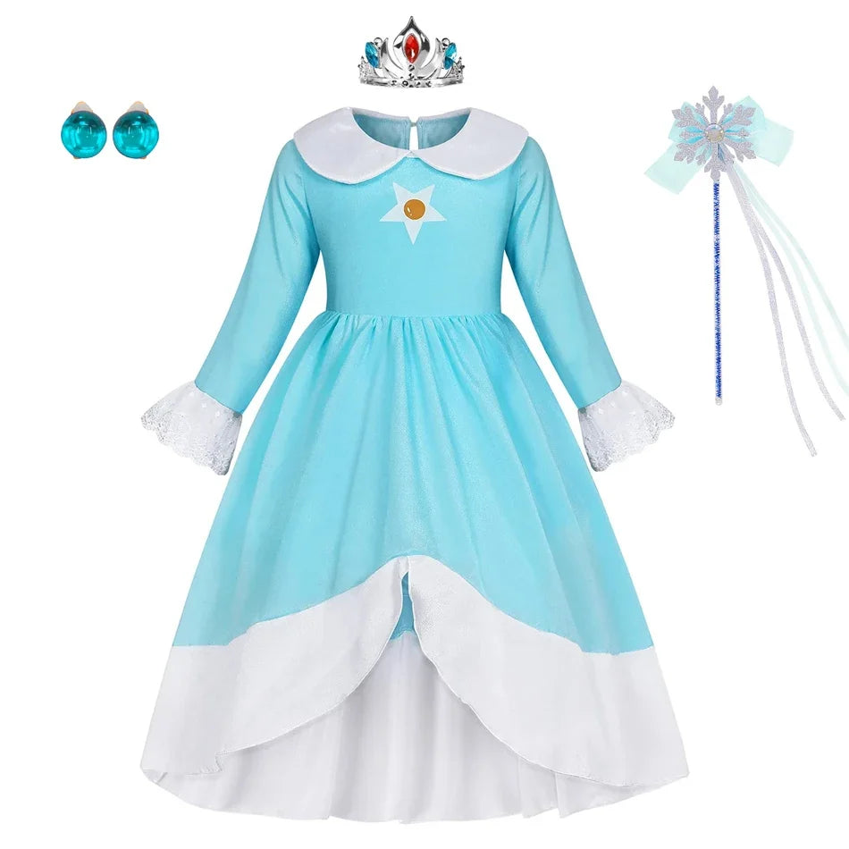 Rosalina Dress Girls Peach Children Halloween Costume Game Role Play Princess Dress Long Sleeve