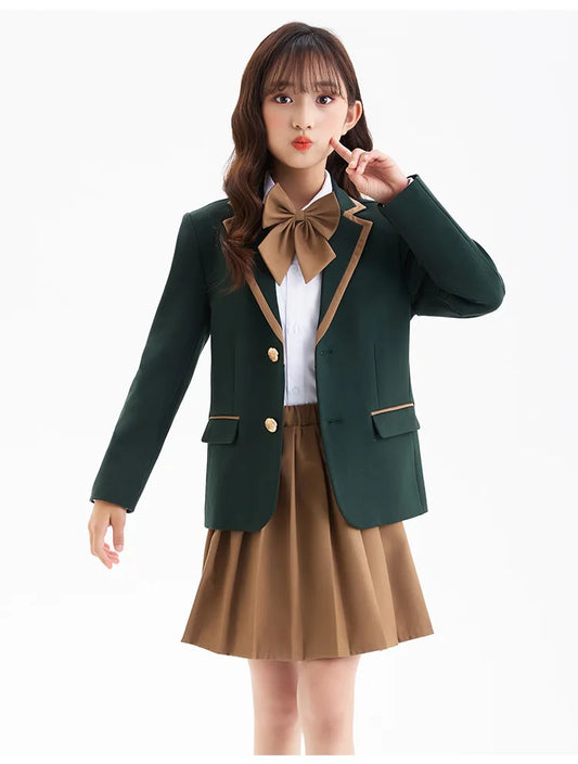 Children British Green School Uniform Girls Korean Jacket Pleated Skirts Boys Blazers Pants Suits Kids Teens Student Clothes Set