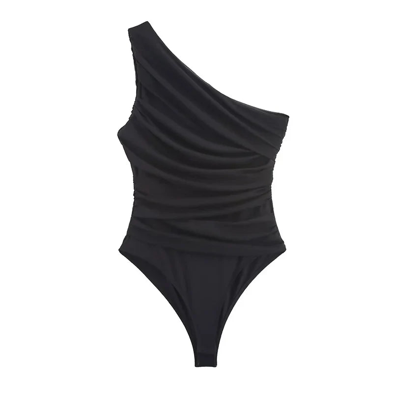 Summer Asymmetric Sleeveless Pleated Silk Mesh Bodysuit Women Single Shoulder Slim Fit Jumpsuit Female Beach Holidays Wear 2026