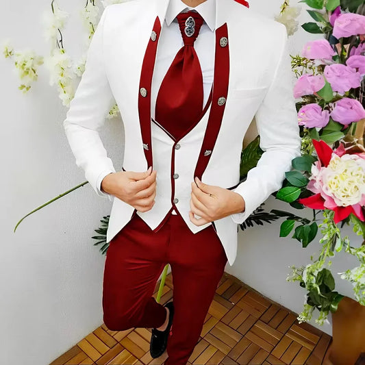 Premium Men's Jacquard Suit White 3pcs Set Wedding Groom Tuxedo Shawl Collar Formal Jacket Vest Pants Beach Party Custom Attire