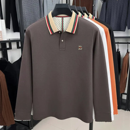 Luxury advanced brand men long sleeve polo shirt unique stripe color blocked lapel fashion letter embroidery casual new T-shirt