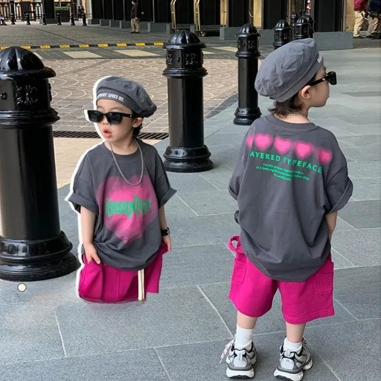 Cotton Heart Print Boys Short Sleeve T-Shirt Summer Toddler Loose Fit Baby Handsome 3-6 Years Top