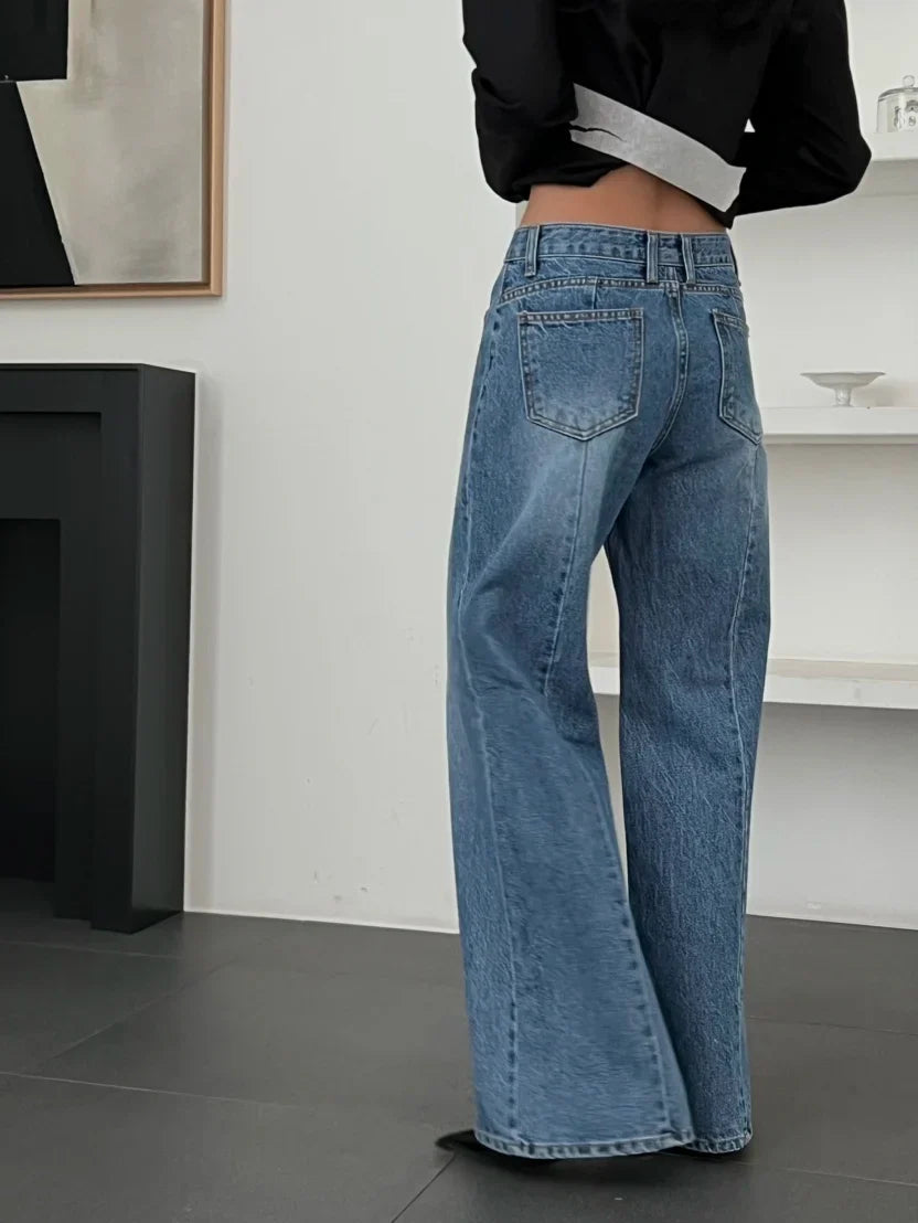 Retro High Waist Slim Fit Blue Jeans Women's Autumn Winter Straight Leg Long Pants Wide Leg Pants Classic Waed Denim