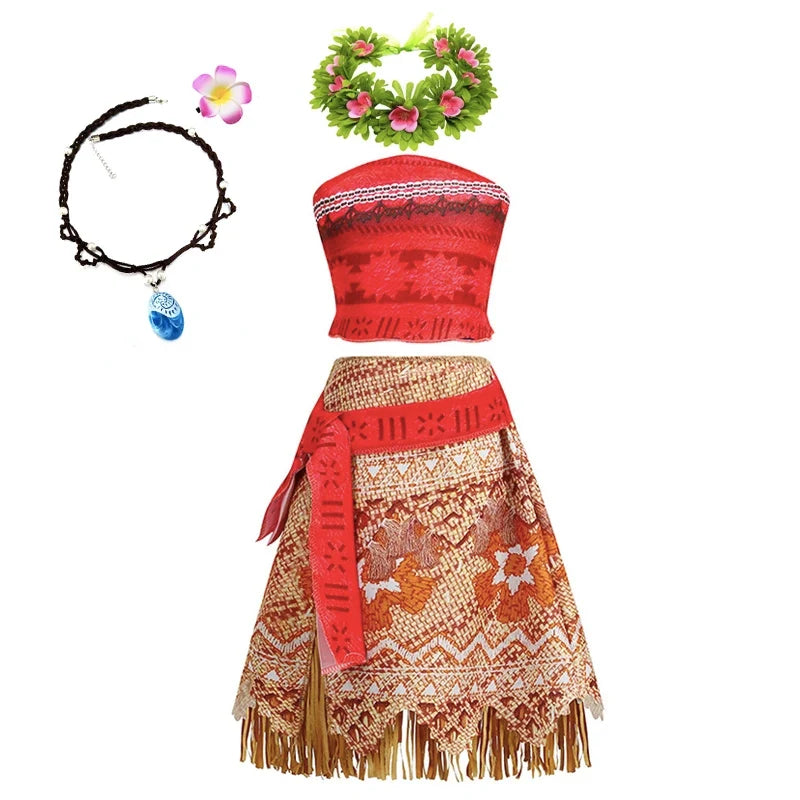 Disney Moana Dress for Kids Girls Princess Vaiana Cosplay Carnival Children Birthday Party Headwear Necklace Pet Pig Chicken Set