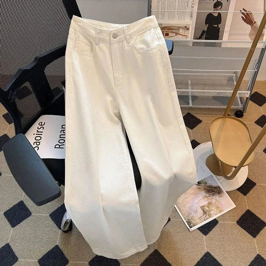 Summer Women's White High Waisted Wide Leg Jeans Premium Draped Effortless Chic Loose Straight Leg Denim Pants for Daily Office