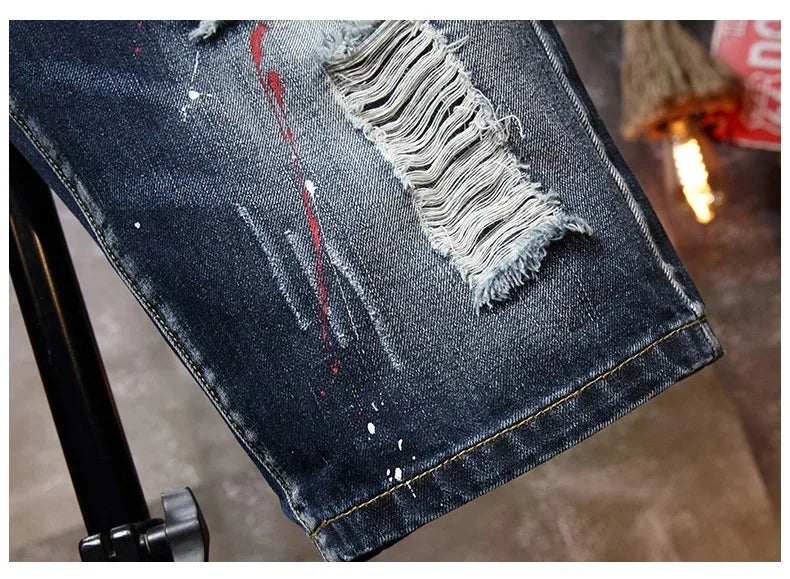 Vintage Short Jeans Men 2024 Summer New Ripped Hip Hop Graffiti Male Denim Shorts Streetwear Hole Knee Length Pants