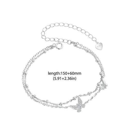 Bracelet Double Couche Femme Papillon en Argent Sterling 925 avec Zircon Cubique Bracelet Superposé Chaîne Perle Délicate Réglable 15+6 cm