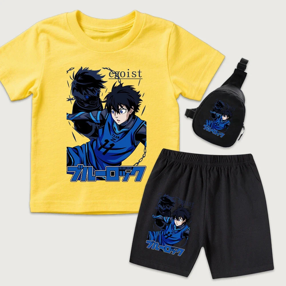 Blue Lock Yoichi Isagi Anime Print Kids Cotton T Shirt Shorts Mini Chest Bag 3Pcs Set Casual Summer Outfit for Boys Girls