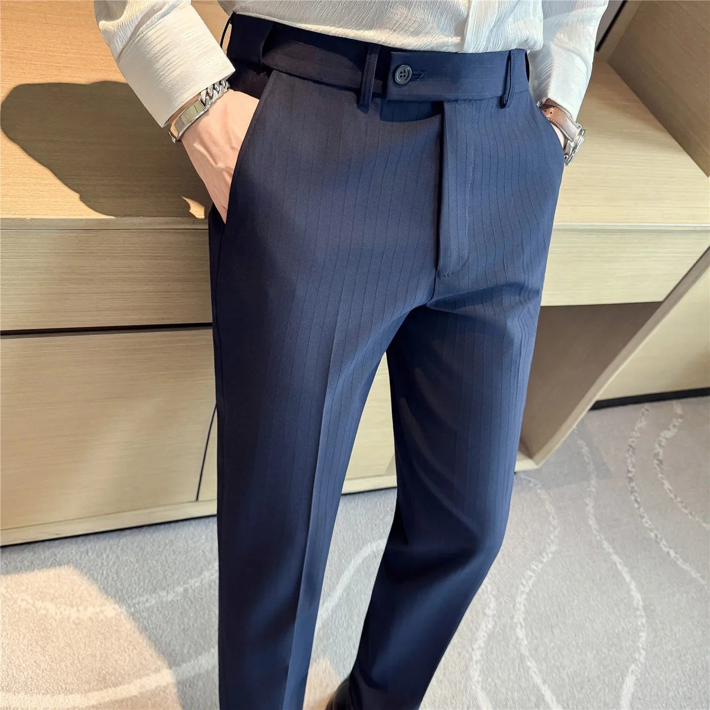 Autumn Winter Thick Suit Pants Men Elastic Waist Business Classic Straight Striped Formal Pants High Quality Slim Fit Trousers