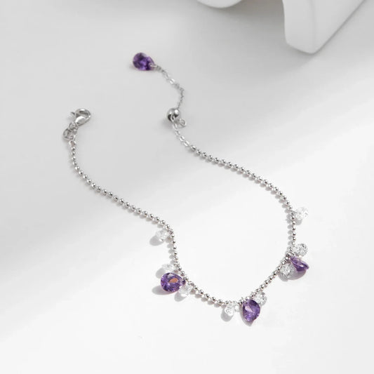 Bracelet chaîne à maillons perlés en argent sterling 925 avec breloque goutte d'eau en zircone violette, bracelet empilable pour femme, cadeau de bijoux