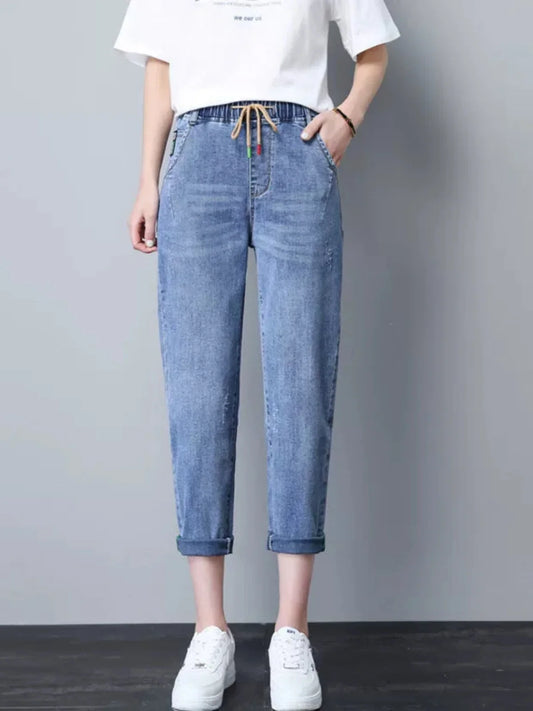 Elastic Waist Dad Harem Jeans Women's Light Blue Spring Summer New Style High Waist Wear Resistant Eighteen Inches Blue Jeans