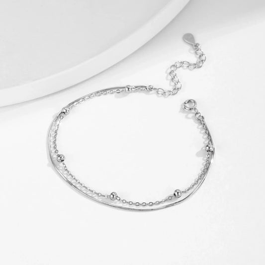 Bracelet double couche chaîne serpent en argent sterling 925, avec perles simples, pour femmes, usage quotidien, bijoux fins.