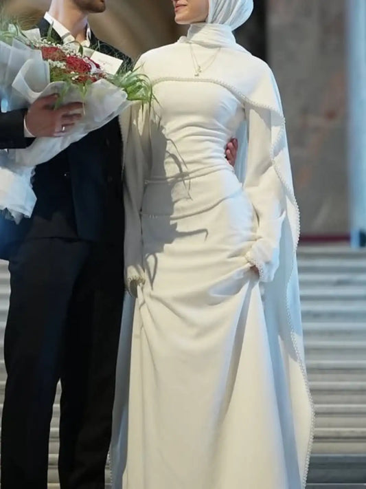 Pearls Prom Dresses Cape Full Sleeves Long Mermaid Wedding Dresses Formal Luxury Dubai Prom Gowns Customized