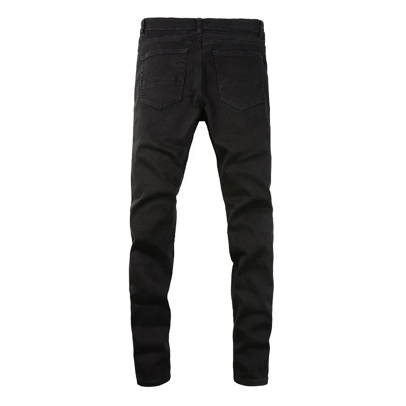 Men Cracked Silver Leather Patch Biker Jeans Streetwear Skinny Tapered Stretch Denim Pants Holes Ripped Patchwork Black Trousers