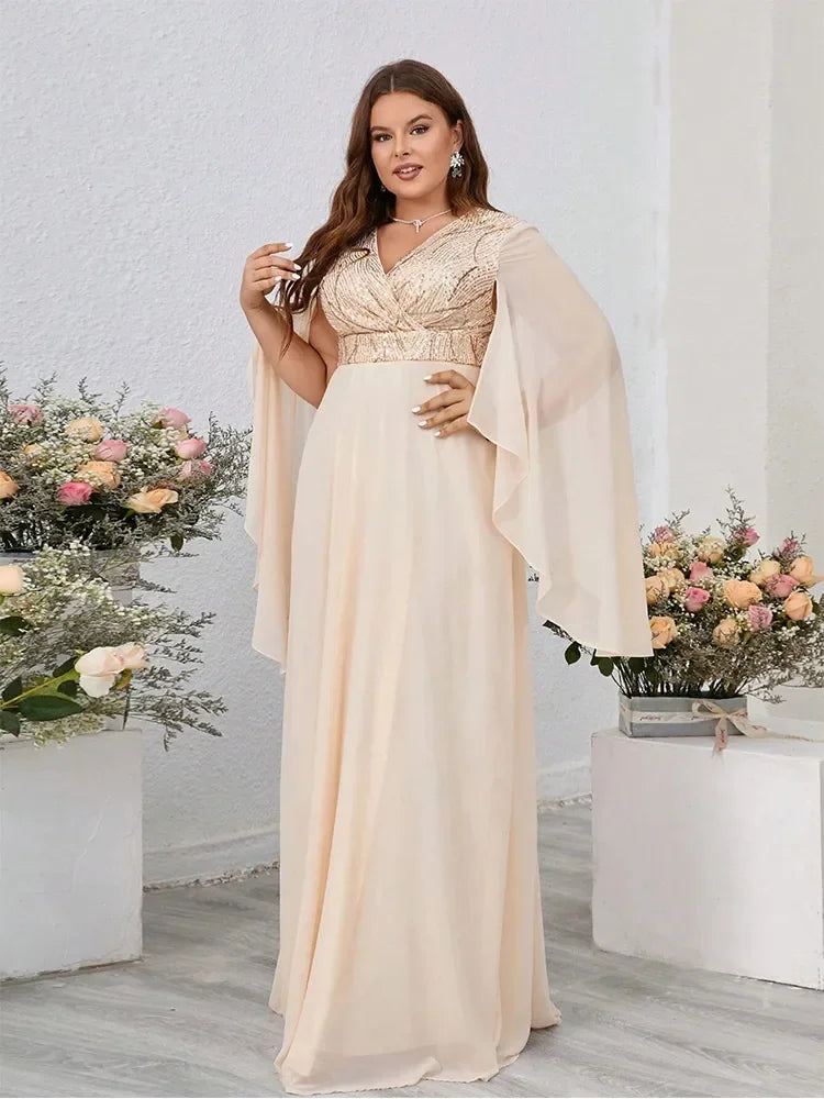 Plus Size V Neck Sequin Loose Long Dress 5XL6XL Big Size Ruffled Black Chiffon Short Sleeve Summer Dress Women