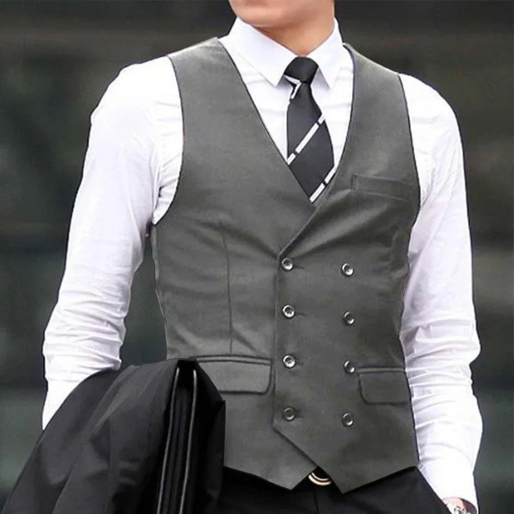 Men Vest Black Solid Double Breasted Waistcoat For Wedding Business Casual Banquet Formal Occasions Work Men Suit Vest