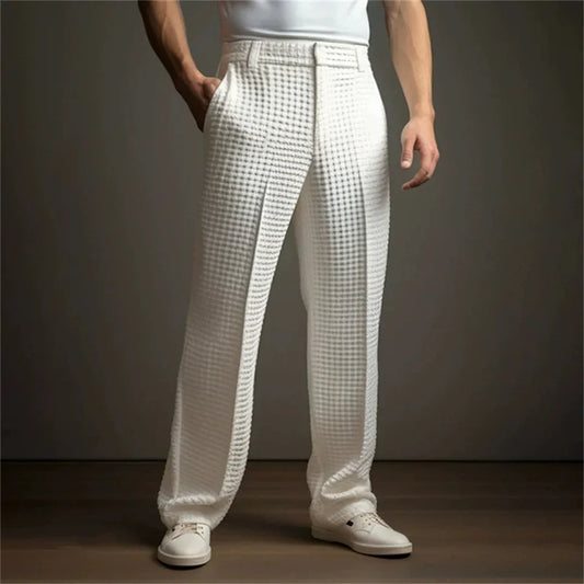 New 2026 Men's Elegant Waffle Suit Pants Solid Loose Straight Trousers Business Social Dress Pants Casual Vacation Pants for Men