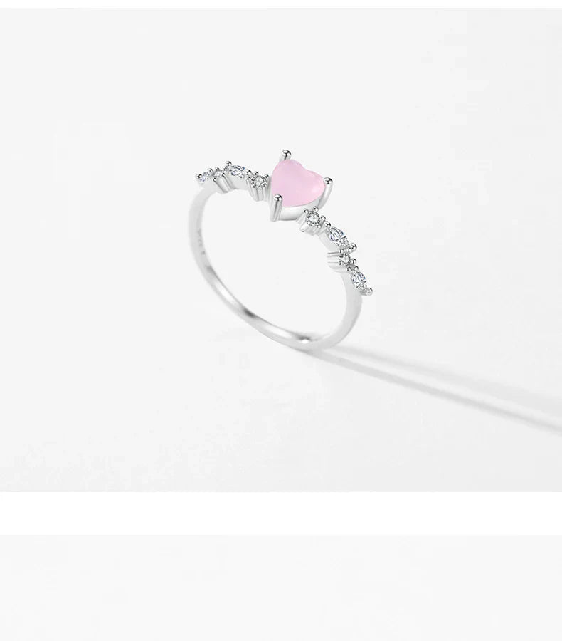 925 Sterling Silver Elegant Pink Crystal Heart Finger Rings For Women Birthday Romantic Gift Fine Jewelry Accessories