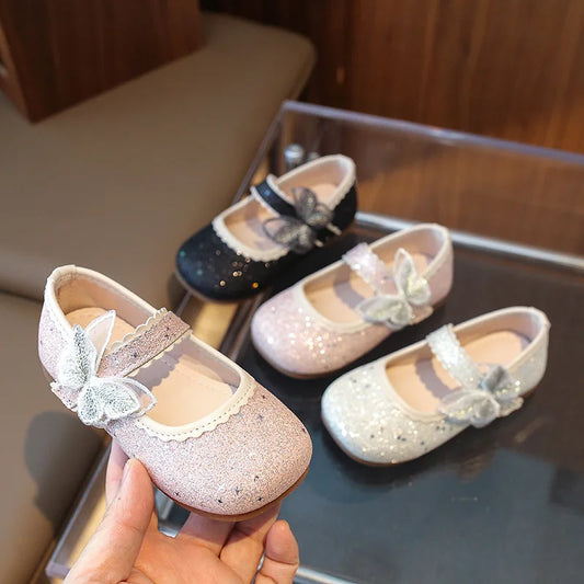 New Girls Princess Shoes Fashion Children's Bow Rhinestone Sequin Kids Shoes Baby Party Student Flat Performance Shoes