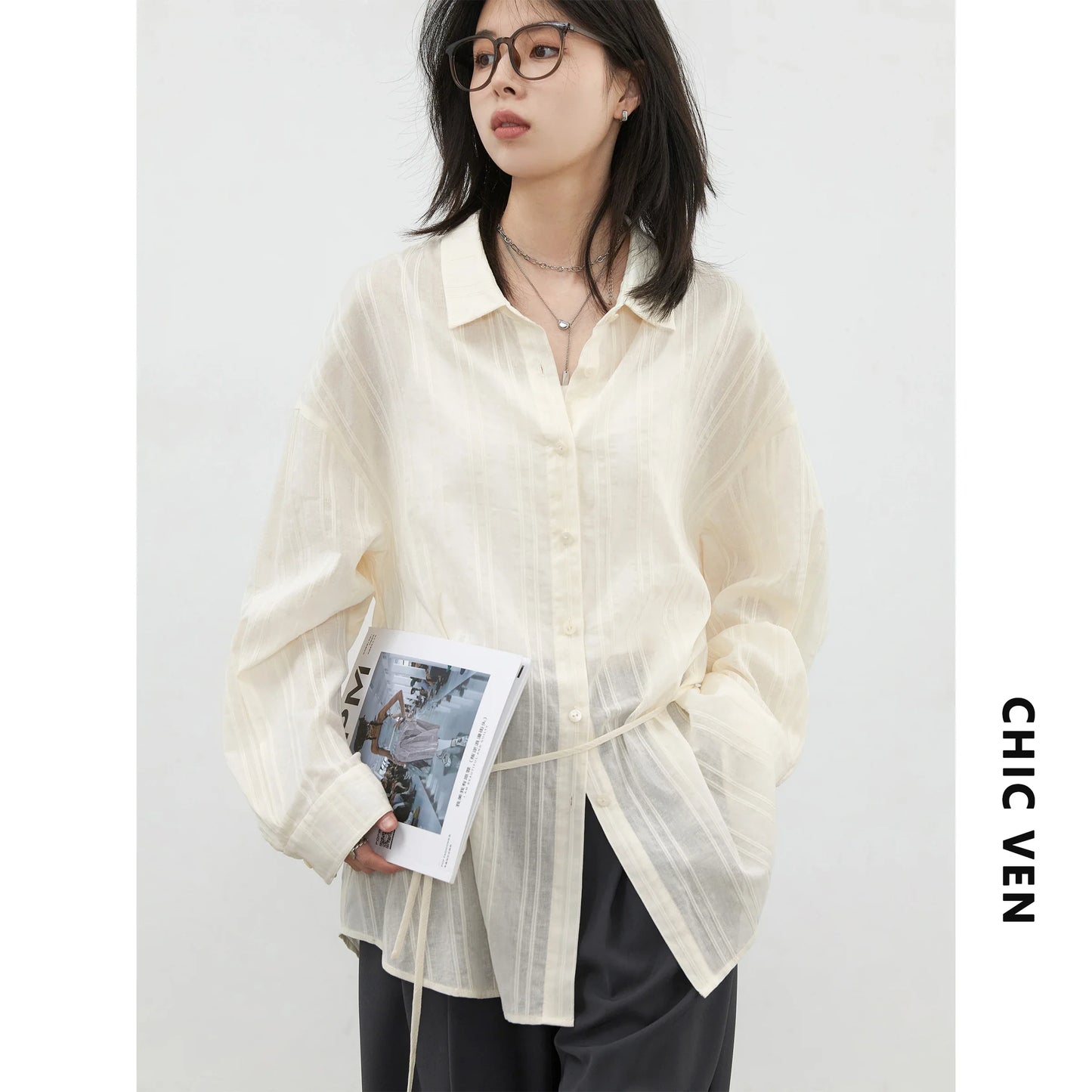 Women Shirt Textured Cotton Striped Waist Shirt Long Sleeves Female Sun Protection Blouses Spring Summer 2026