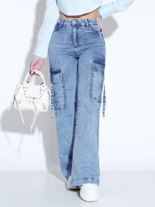 Women's Washed Utility Jeans with Multiple Pockets - Stylish and Practical Denim Pants for Everyday Wear