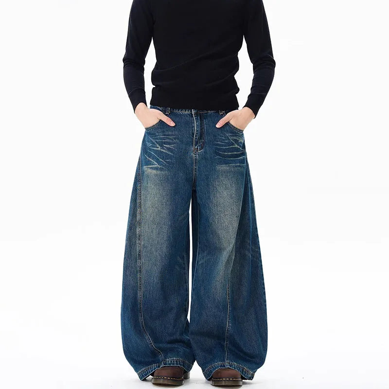 Spring New Men'S Jeans Wide Leg Pants Loose Machete Jeans Vintage Lightning Cracked Denim Trousers