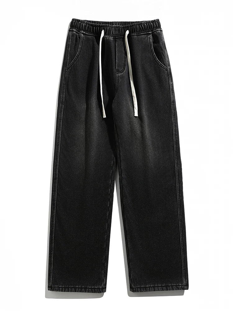 Men's Winter Jeans Fleece-Lined Brushed Thick Warm Denim Pants Korean Style Straight Fit Insulated Trousers Asians Size M-3XL