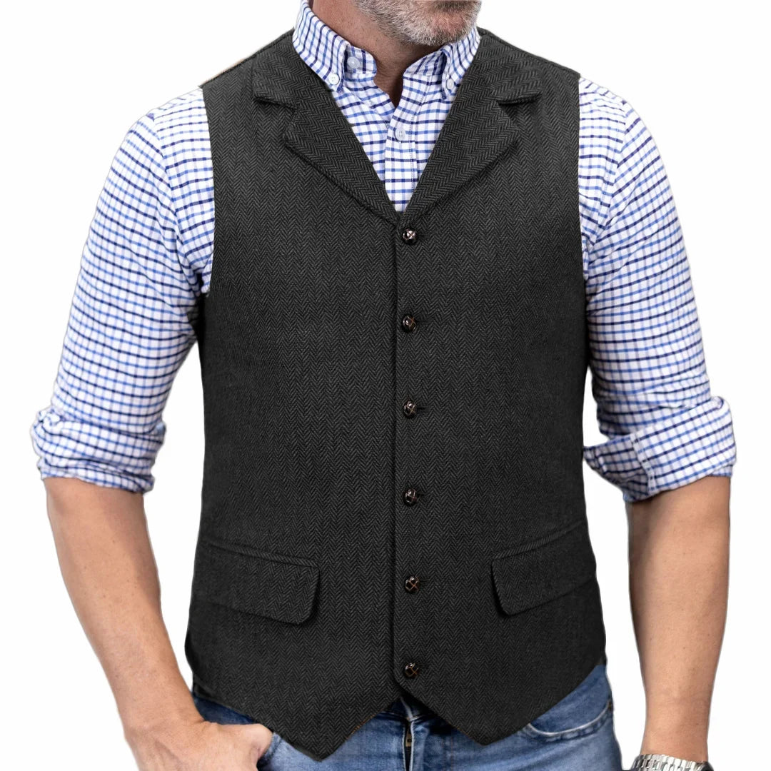 Men Vest Brown Herringbone Single Button With Lapel Waistcoat For Wedding Banquet Party Business Work Daily Casual Men Suit Vest